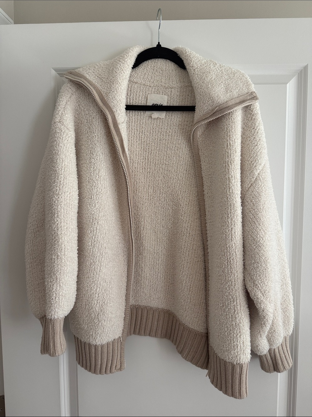 aerie Cream Sherpa Teddy Jacket with Ribbed Trim